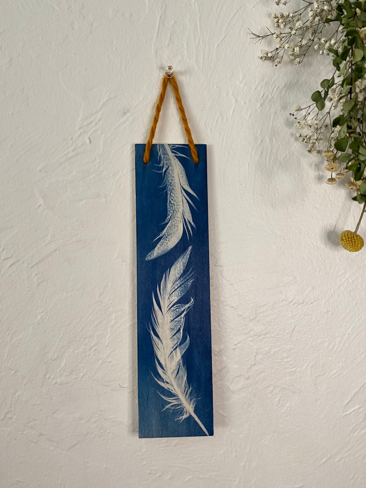 Two feathers on wood